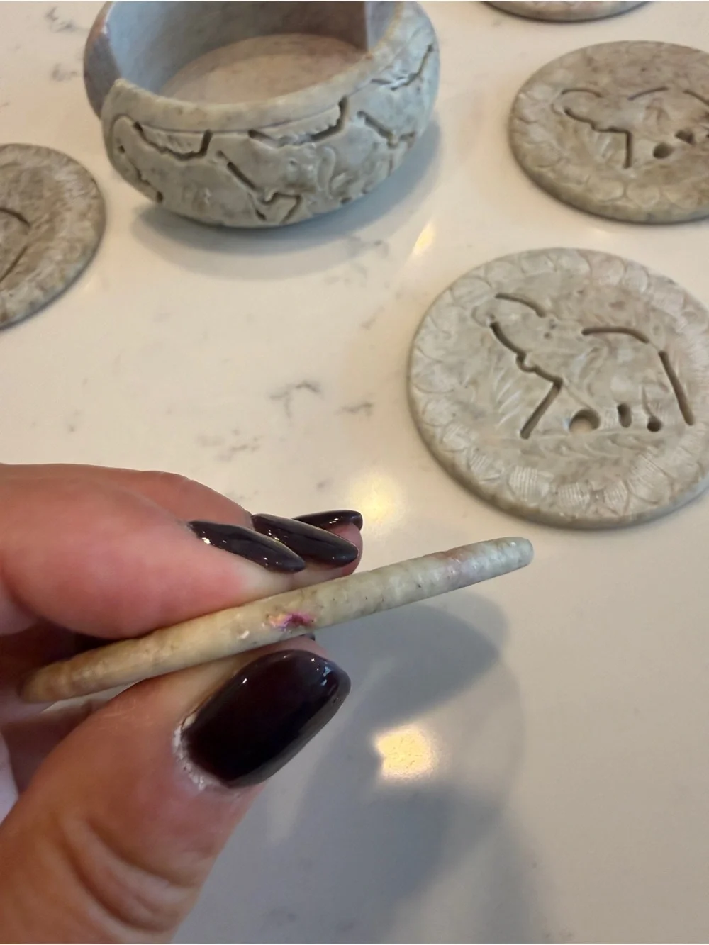 Hand-Carved 6 Soapstone Elephant Coaster Set with Holder Safari Wildlife Decor